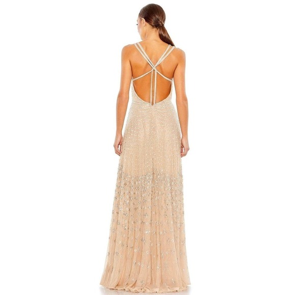 Mac Duggal Plunging V-Neck A-Line Maxi Dress Natural Size 10 NWT - Picture 3 of 12